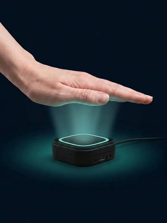 Customer holding a hand above a Palmki scanner at the checkout